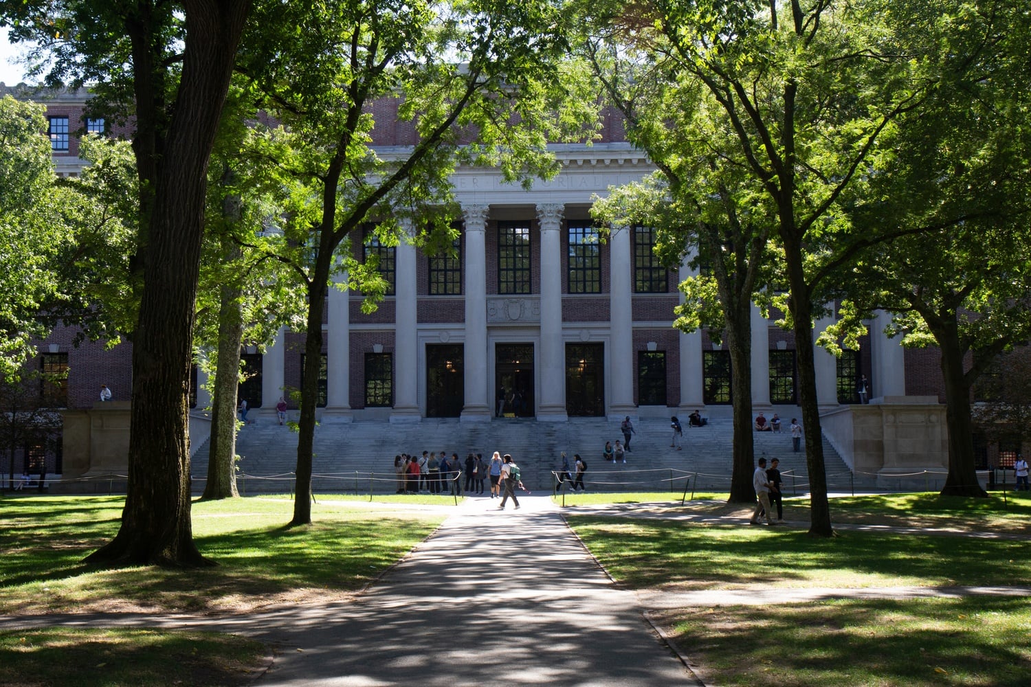 Widener Library overlooks Harvard Yard. Universities, alumni, former government officials, hospitals, and advocacy groups filed briefs backing Harvard as the University defends a ruling restoring nearly $2.7 billion in federal research funding.