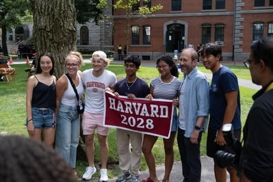 Cover image for President Garber Poses with Class of 2028 During Move-In
