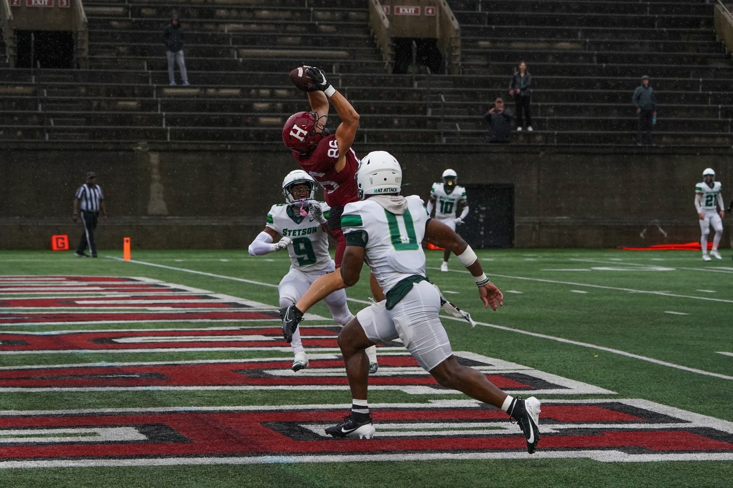 Junior tight end Ryan Osborne scores a touchdown with seven seconds remaining in the first half of Harvard's season opener against Stetson.
