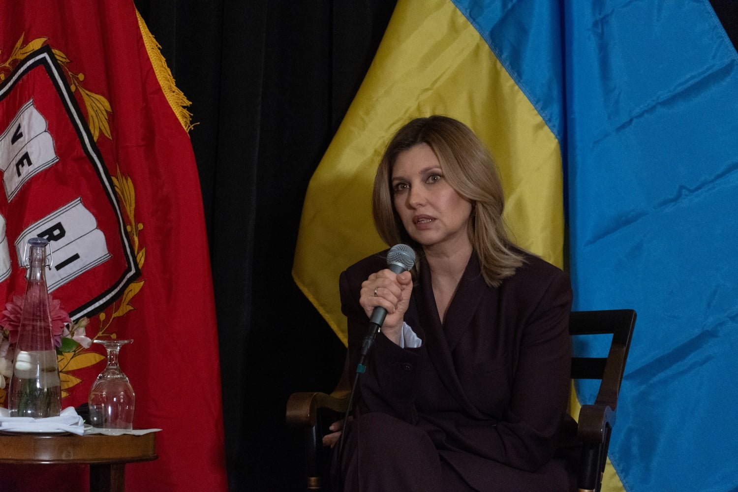 Ukrainian First Lady Olena Zelenska speaks during a talk hosted by the Harvard Ukrainian Research Institute in Loeb House.