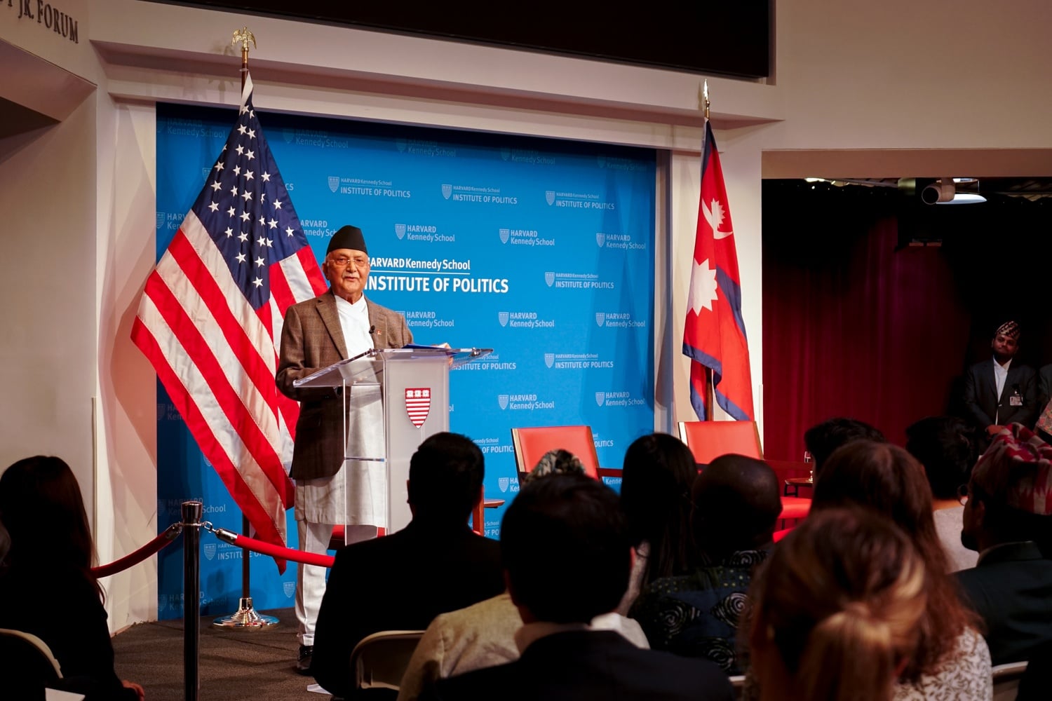 Nepali Prime Minister KP Sharma Oli speaks at the JFK Jr. Forum on Friday.
