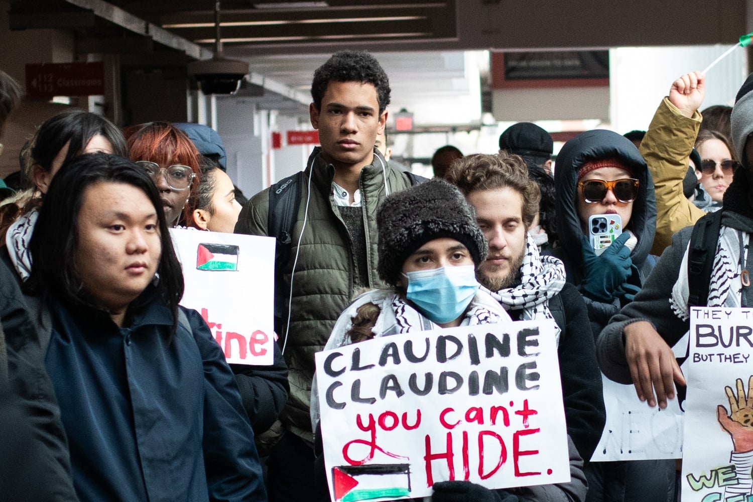 Nuriel R. Vera-DeGraff '26 rallies at a pro-Palestine protest in the Science Center last November.