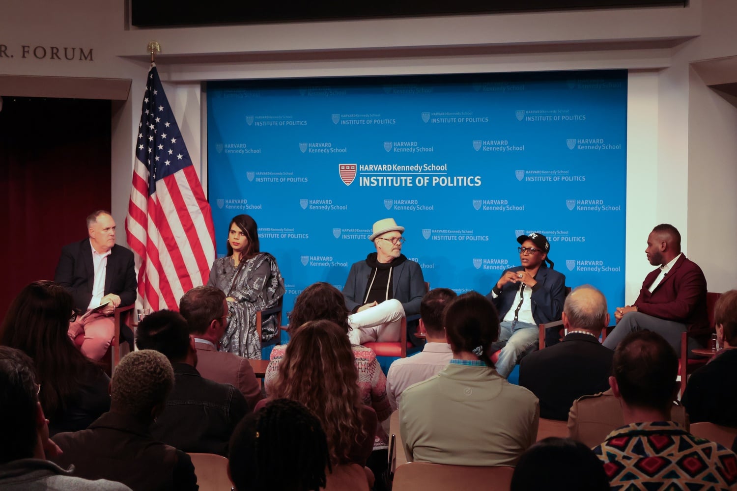 Pictured from left to right, Timothy P. McCarthy, Saro Imran, David France, Kasha J. Nabagesera, and Kimahli Powell, speak about LGBTQ+ rights at the IOP on Wednesday night.