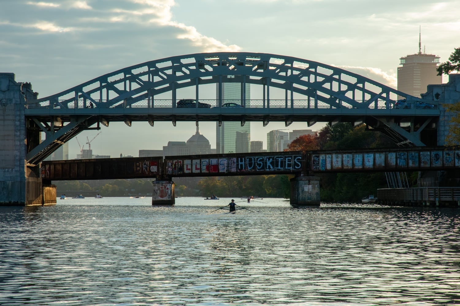 The Grand Junction Railroad Bridge crosses the Charles River beneath the Boston University Bridge.