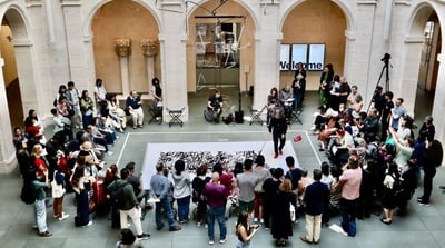 Cover image for Live Calligraphy in the Courtyard: Chinese Artist Wang Dongling Performs ‘Flying Flowers and Scattered Snow’ at the Harvard Art Museums