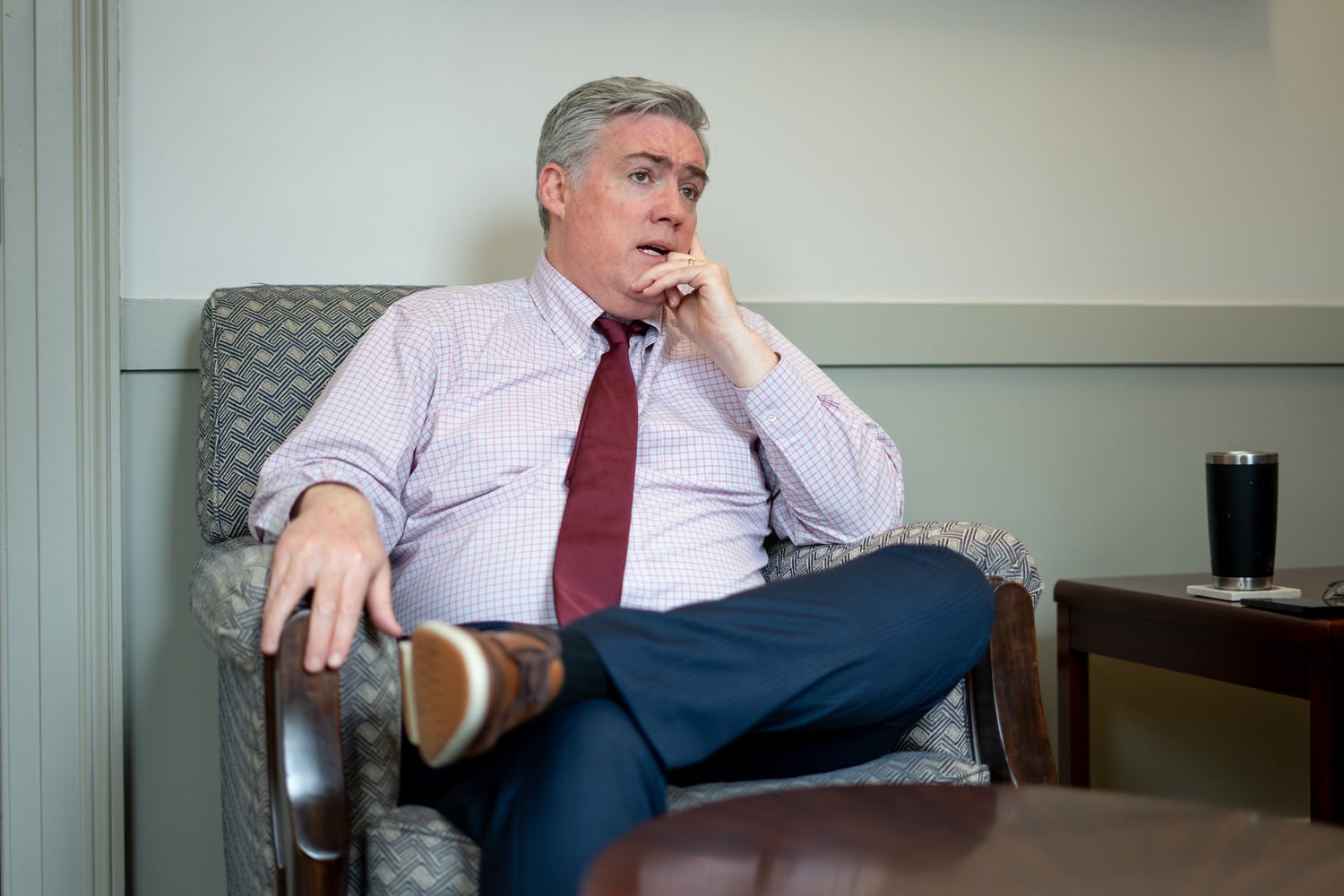 Dean of Students Thomas Dunne speaks to Crimson reporters in an interview in March 2024. Dunne said the College will plan a tailgate for the November Harvard-Yale football game.