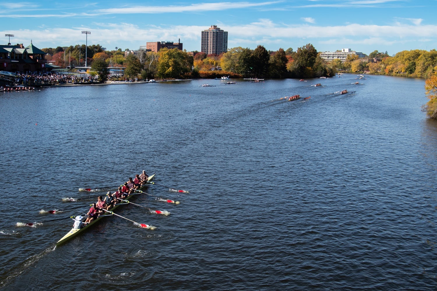 The Harvard men's B-boat competes in the Head of the Charles Regatta in 2024.