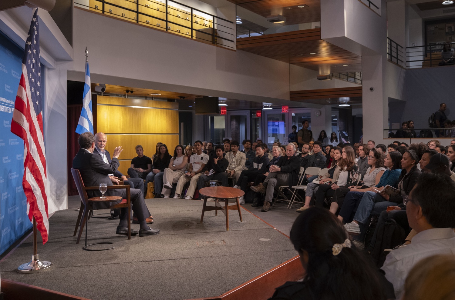 Former Prime Minister of Greece George A. Papandreou, right, spoke about international cooperation with the European Union at a Harvard IOP forum moderated by Ron Heifetz, left, on Tuesday.