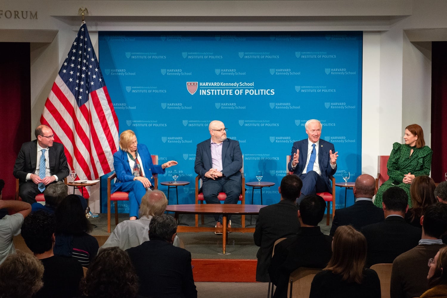 From left: Jeffrey Liebman, Gov. Janet Mills, Jeremy Kennedy, former Gov. Asa Hutchinson, and Alison Williams speak at the IOP Forum on Thursday.
