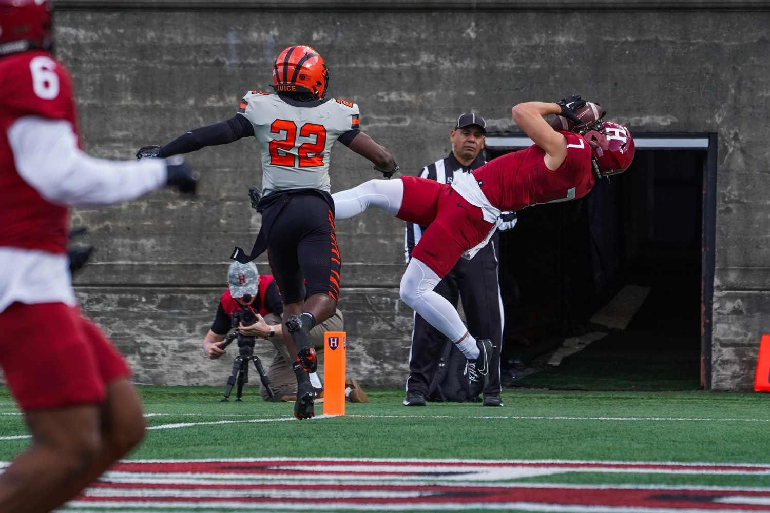 Senior wide receiver Kaedyn Odermann catches a touchdown pass from Jaden Craig to give the Crimson an early lead over Princeton.