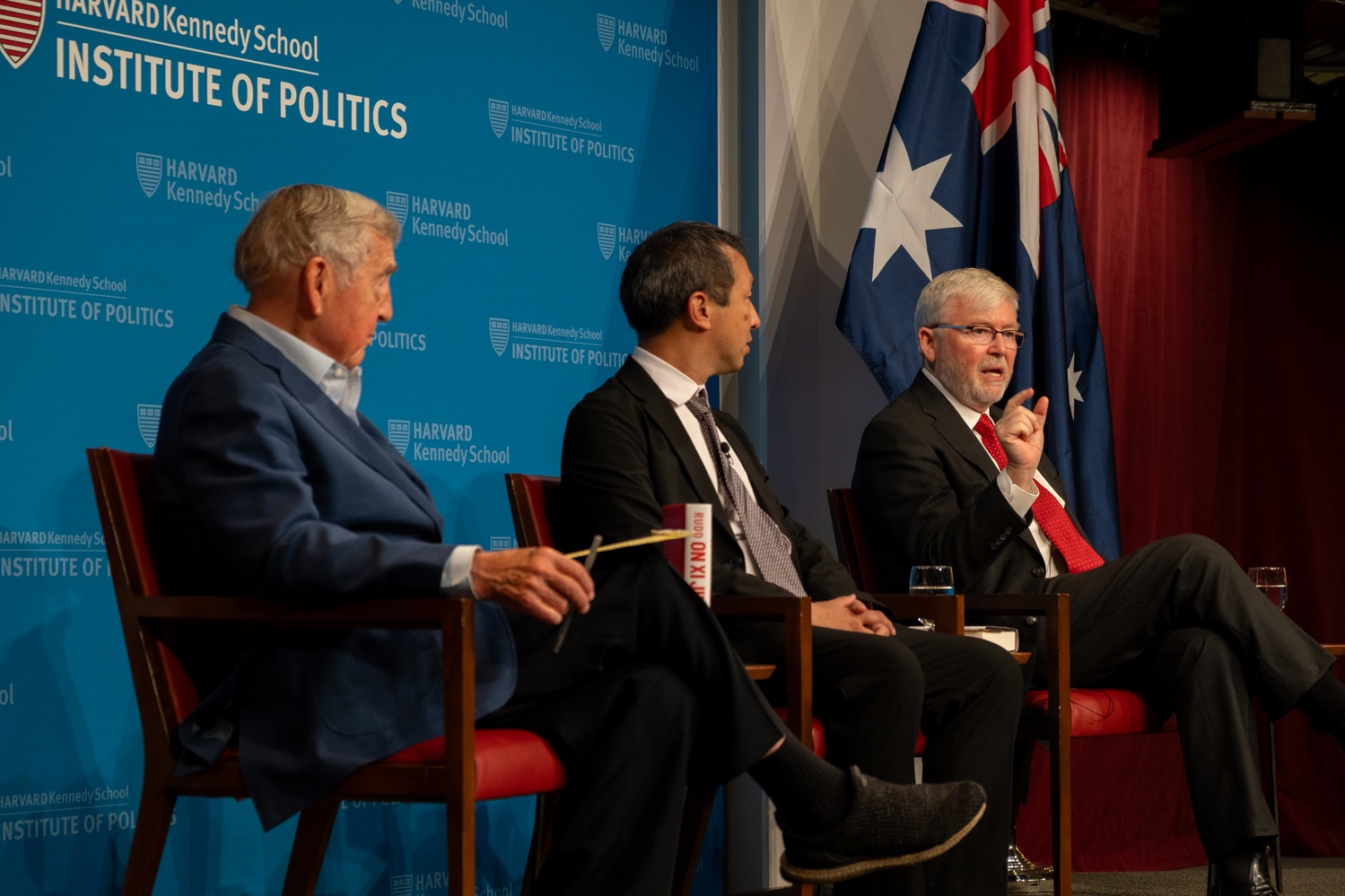 Australian ambassador Kevin Rudd next to Mark Wu and moderator Graham Alison (right to left). Rudd said China should become self-sufficient to match other global powers.