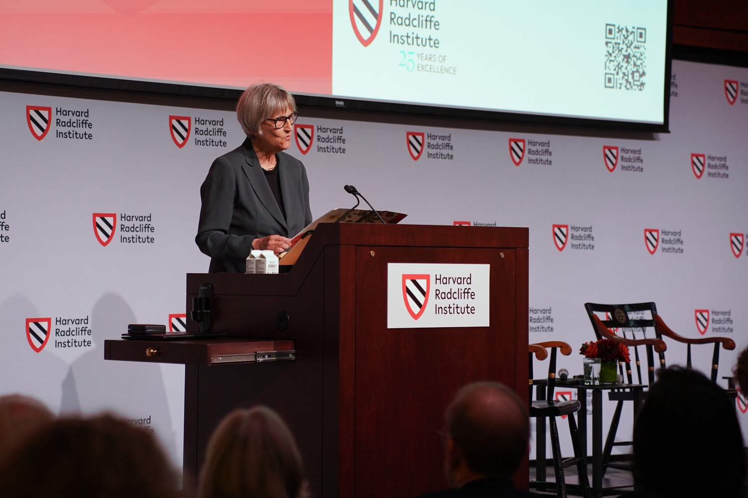 Former University President Drew Gilpin Faust speaks at a Radcliffe Institute event in September. Faust led Harvard when Trump was first elected to the White House in 2016.