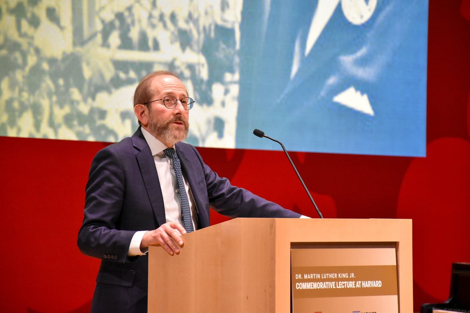 Harvard President Alan M. Garber '76 spoke at the annual Martin Luther King Jr. lecture in 2024.