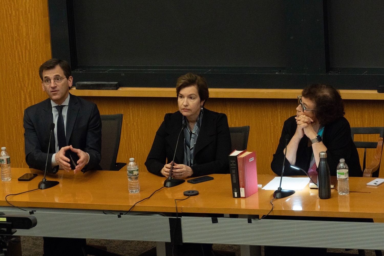 Journalists Susan Glasser '90, center, and Peter Baker, left, join Russian journalist Yevgenia Albats, right, in a discussion on U.S. foreign policy towards Russia on Tuesday.