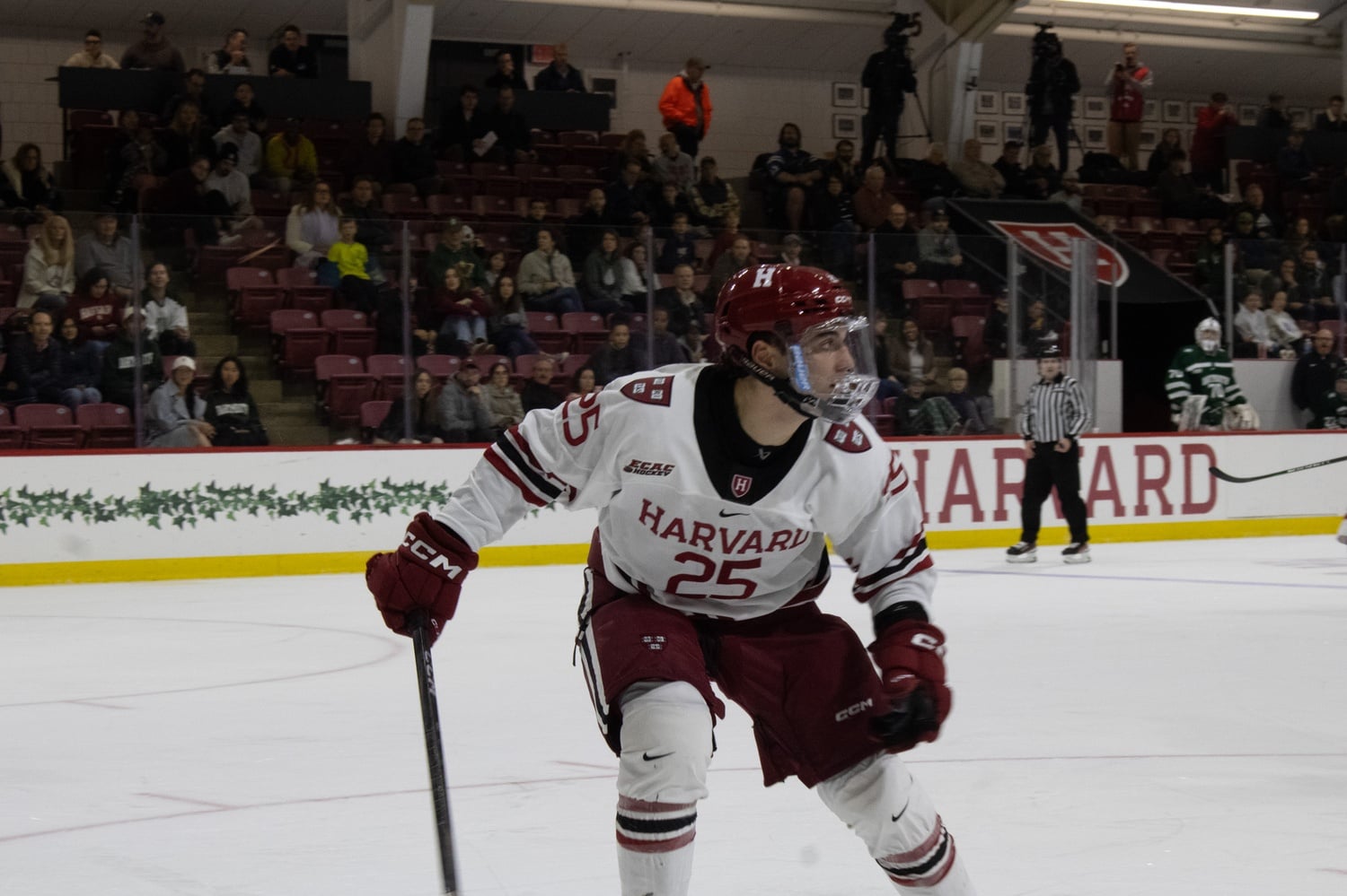 Freshman Justin Solovey skates during a game against Dartmouth. Solovey and the Crimson were unable to come up with a win Friday against Clarkson but bested St. Lawrence Saturday.