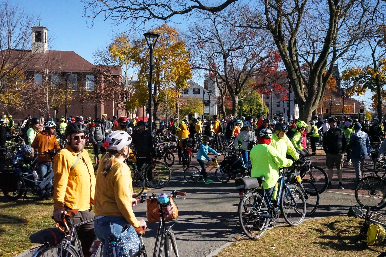 Cyclists gather at Cambridge Commons to ride from to Beacon Hill as part of the "Ride for Your Life Event" on Sunday.