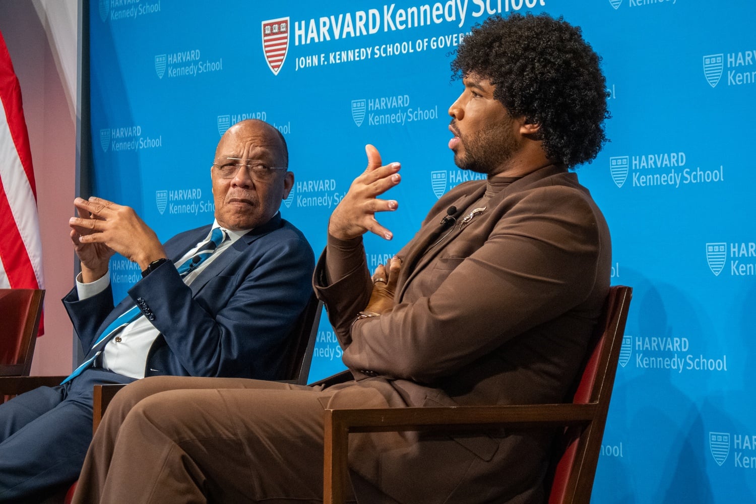 Right, Washington Post columnist Eugene Robinson and left, White House correspondent Eugene Daniels discuss the media and the next Trump presidency at a Wednesday IOP forum moderated by Axios Live host Eugene Scott.