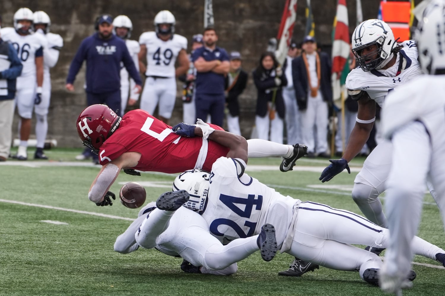 Senior running back Shane McLaughlin fumbles the ball deep in Harvard territory during the 140th playing of The Game.