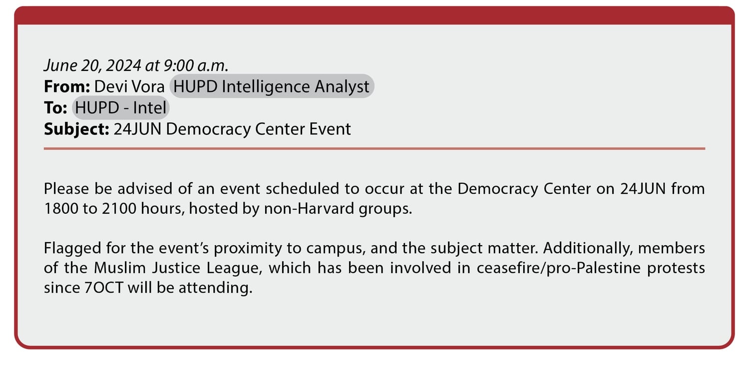 An excerpt from a June 20 email sent by HUPD intelligence analyst Devi Vora to the HUPD Intelligence email address.