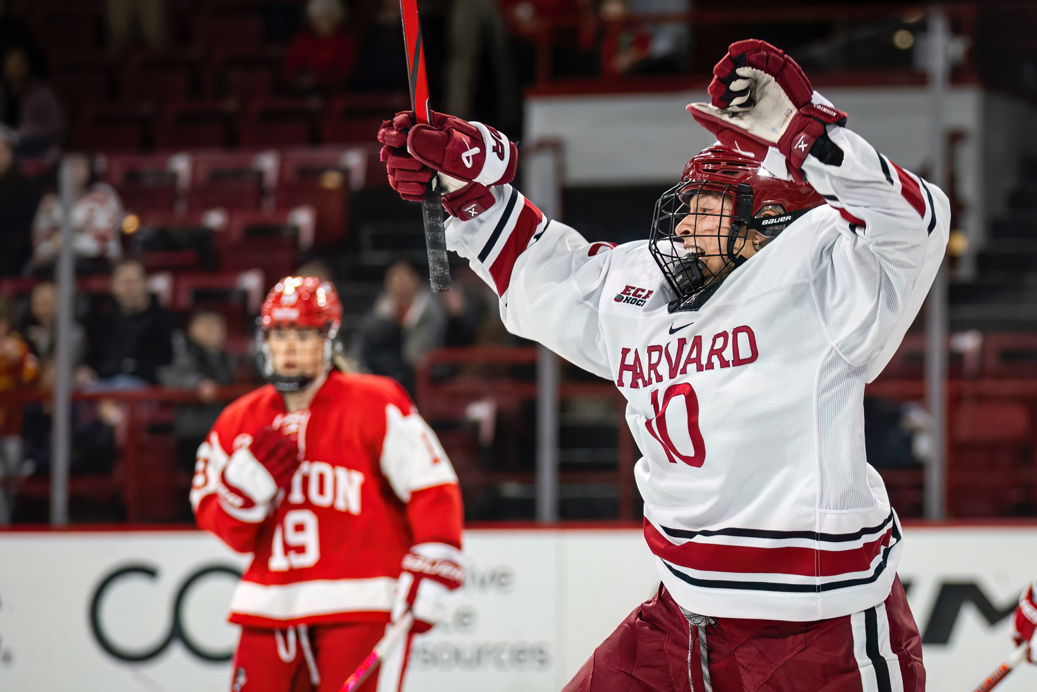 Sophomore Angelica Megdanis celebrates in a Beanpot tournament game against Boston University.