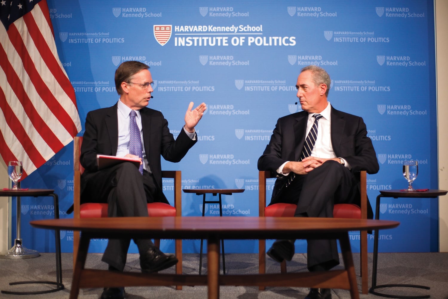 Nicholas Burns, on left, speaks at an IOP forum in 2018.