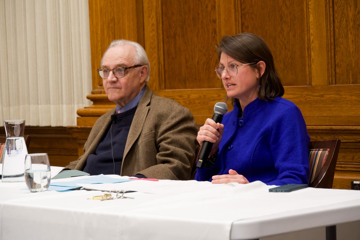 Carleigh Beriont, Assistant Director of Undergraduate Studies in the Committee on the Study of Religion, speaks alongside Brookings Senior Fellow E.J. Dionne in a discussion hosted at the Barker Center Thursday afternoon.
