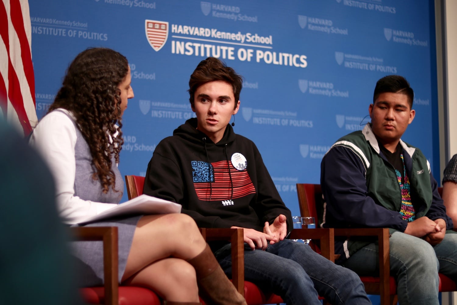 March for Our Lives co-founder David M. Hogg '23 speaks at a 2018 Institute of Politics forum at the Harvard Kennedy School. Hogg was elected vice chair of the Democratic National Committee on Saturday.