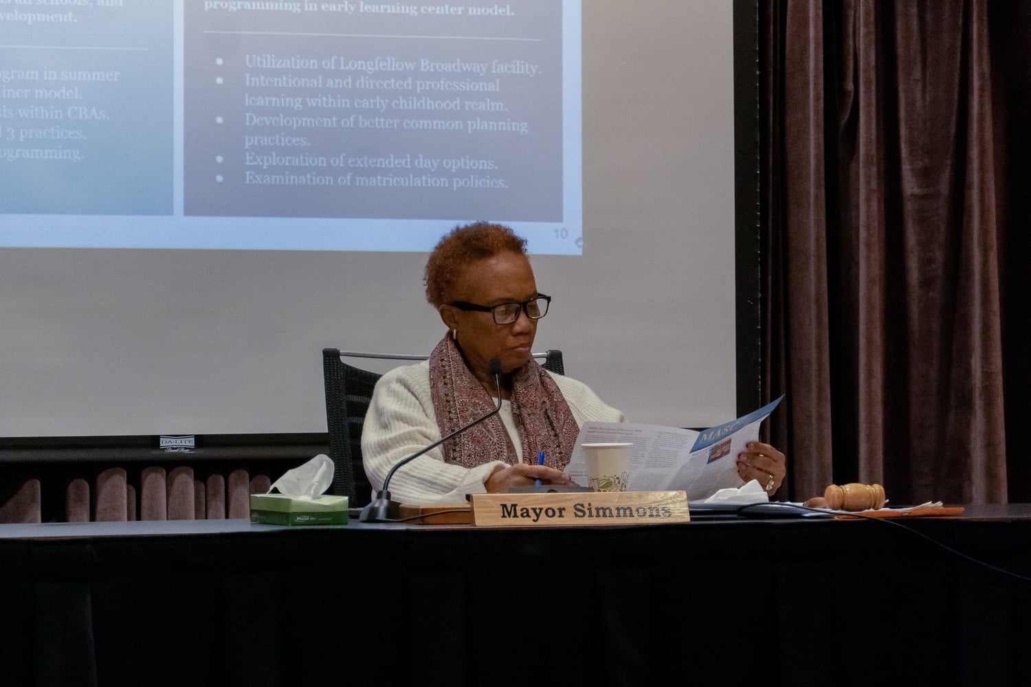 Cambridge Mayor E. Denise Simmons speaks at the School Committee meeting on Tuesday at the Dr. Henrietta S. Attles Meeting Room at Cambridge Rindge and Latin School.