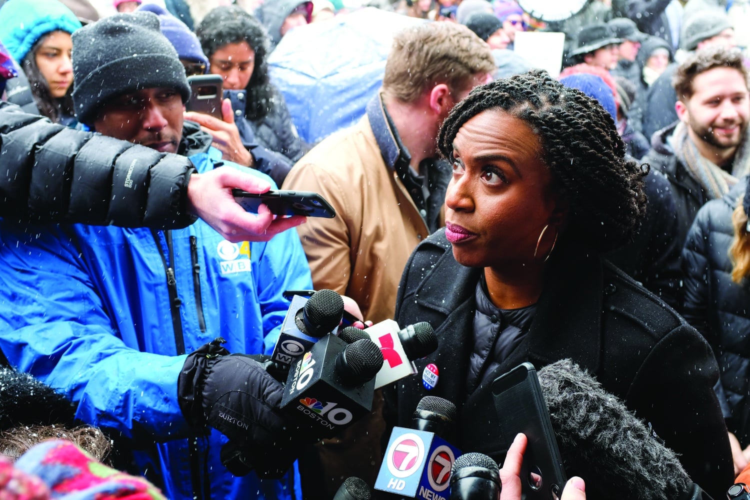Ayanna Pressley, who represents Massachusetts' 7th District, including Allston, speaks to the press at a 2019 anti-Donald Trump rally. Pressley spoke on Tuesday at a rally criticizing the newly formed Department of Government Efficiency and Elon Musk on Thursday.