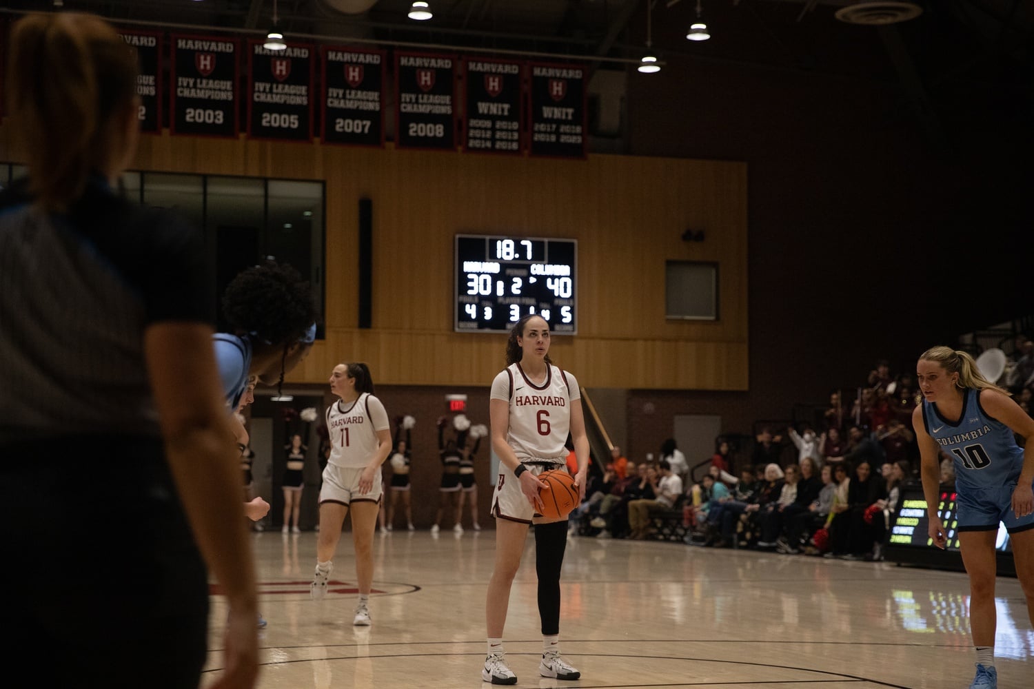 Sophomore guard Lydia Chatira at the line for Harvard