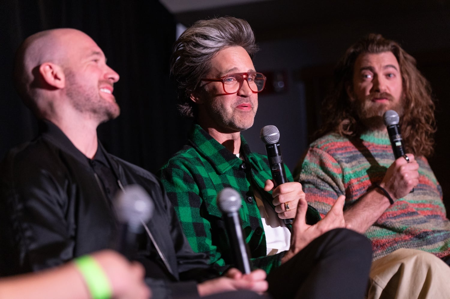 Hot Ones host, Sean Evans, and “Good Mythical Morning” co-hosts, Rhett & Link, onstage during BrandStorytelling Creator Day.