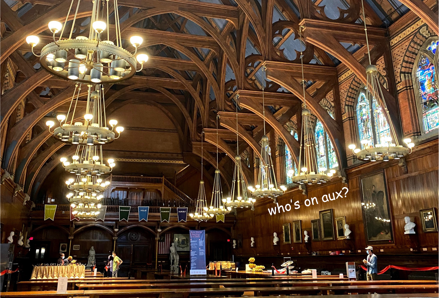 Annenberg Hall, with a caption reading "who's on aux??"