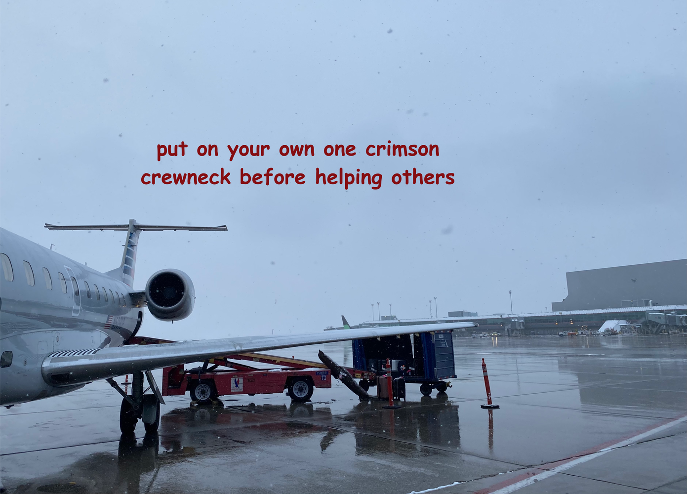 A plane set to take off into a dreary sky, with a funny caption above.