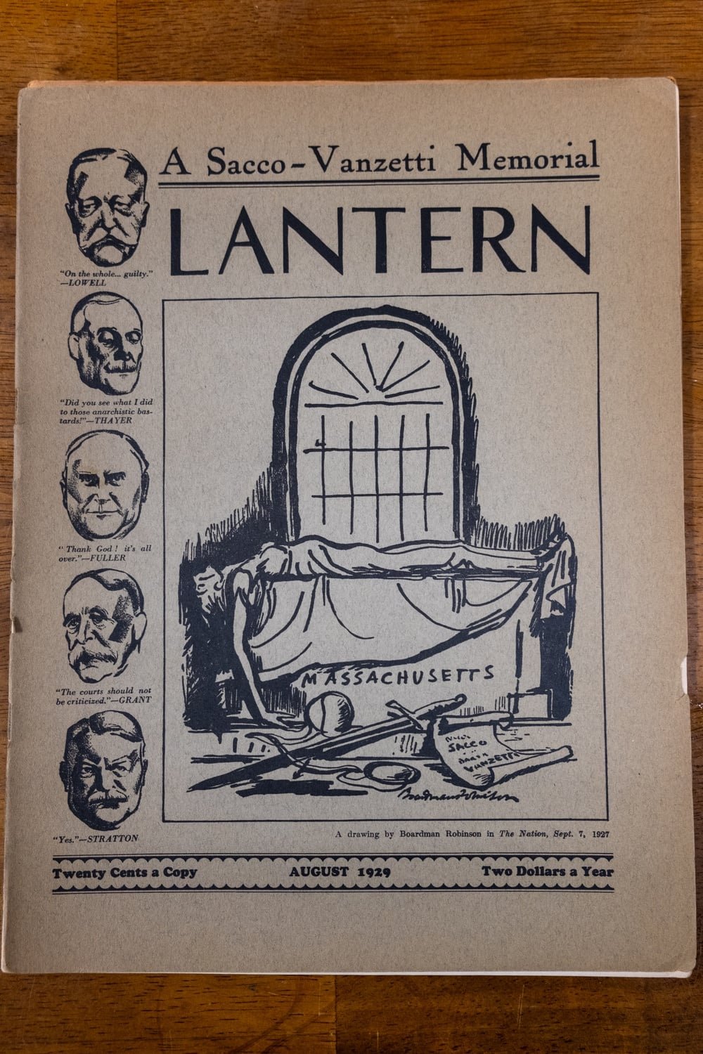 A 1929 copy of the Lantern, criticizing the involvement of Harvard President Lowell in the Sacco and Vanzetti case.