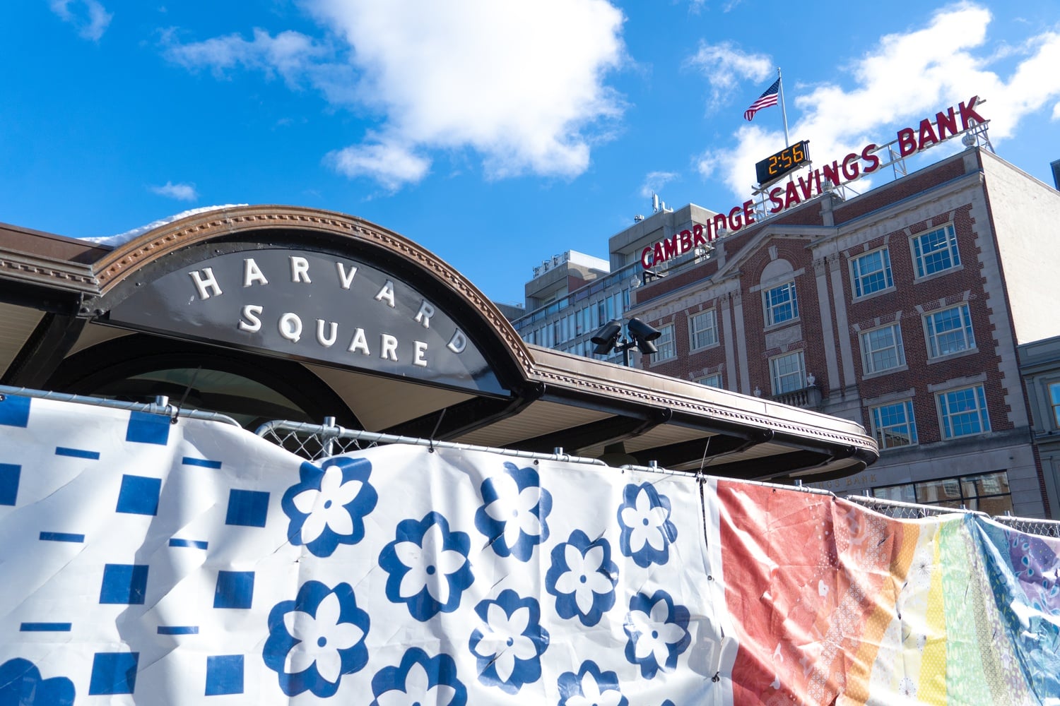 Cambridge Savings Bank overlooks the Harvard Square Kiosk Plaza, currently under construction in the center of Harvard Square.