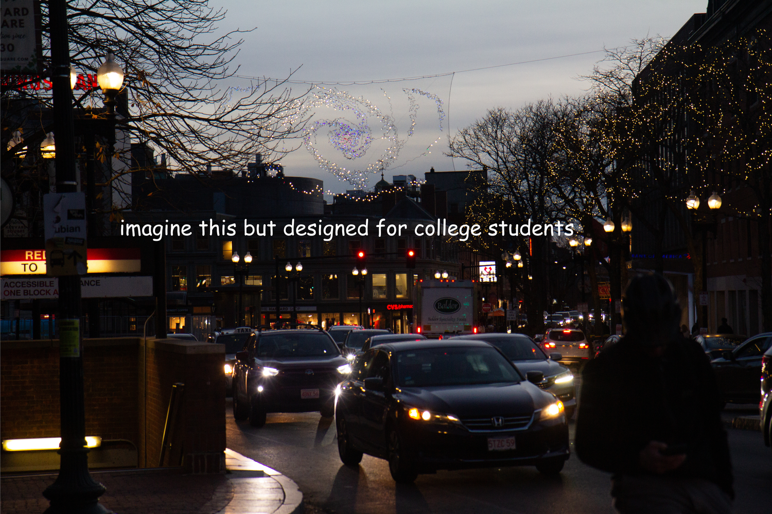 Harvard Square at night, with a caption overlaid.