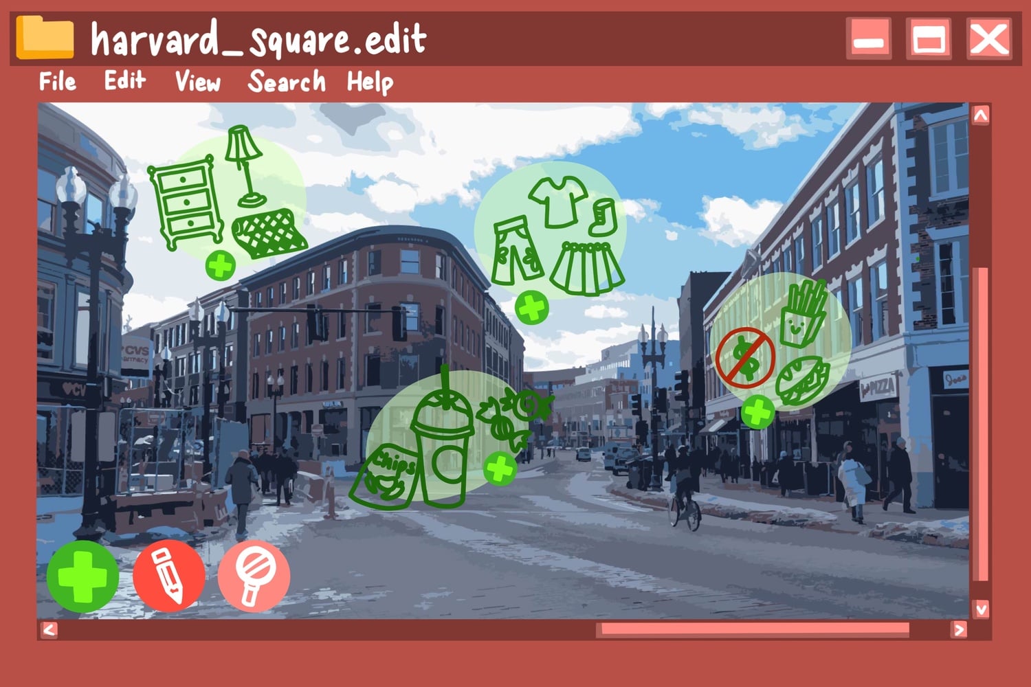 Harvard Square with icons for college-kid-friendly treats and activities.