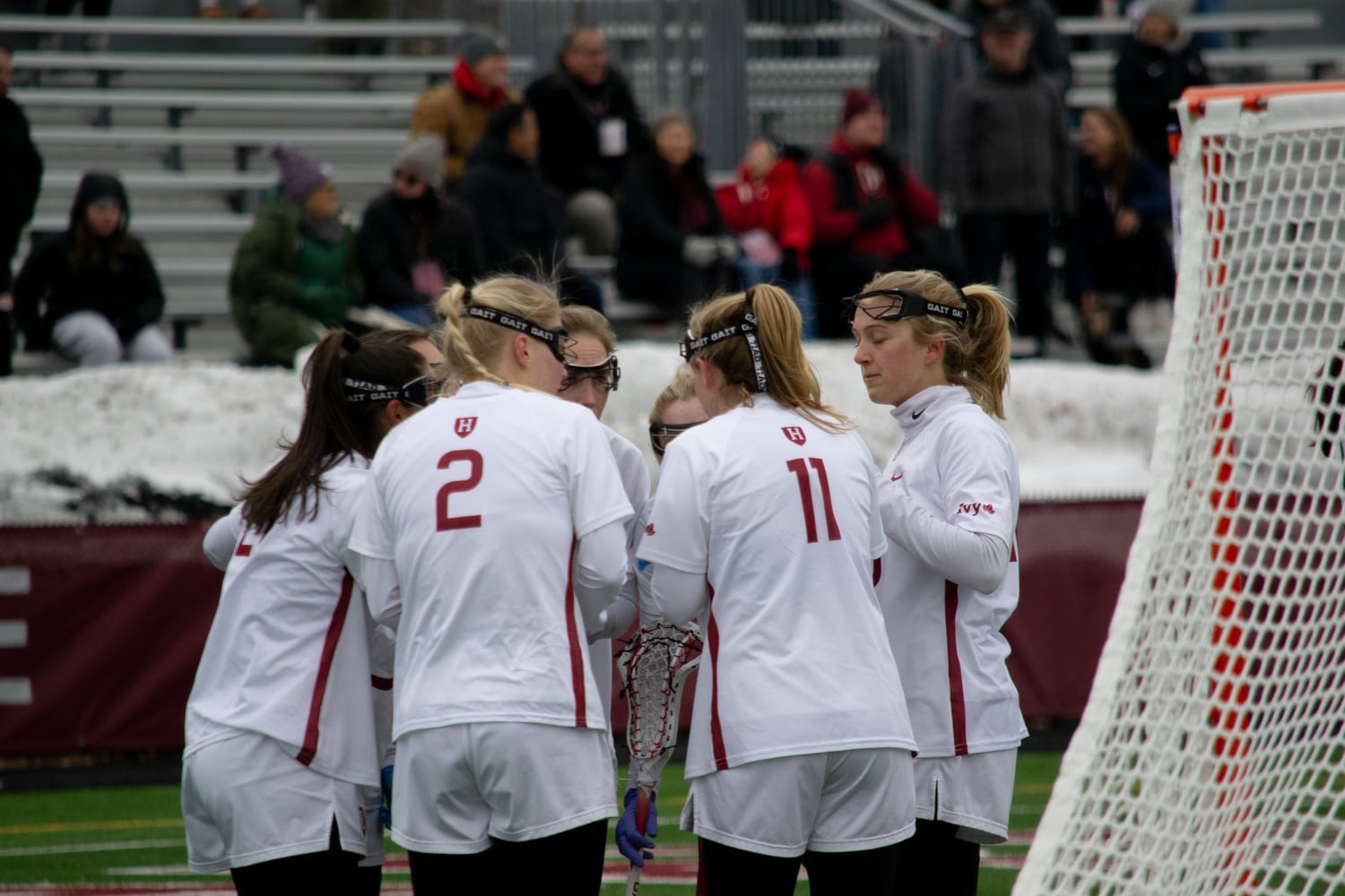 Harvard women's lacrosse huddles against Albany. The team was defeated by Princeton Saturday.