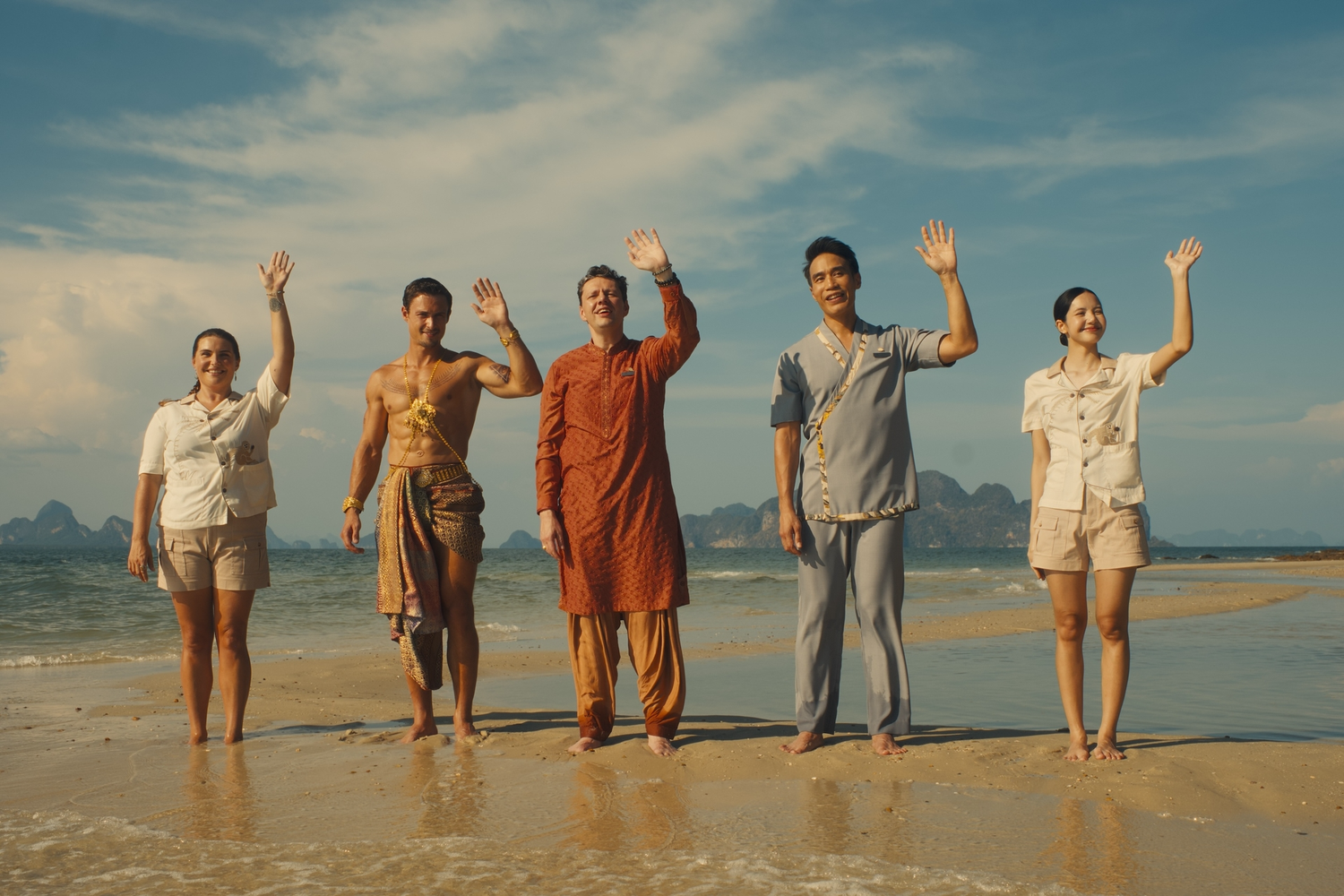 Morgana O'Reilly, Arnas Fedaravičius, Christian Friedel, Dom Hetrakul, and Lalisa Manobal in Season 3 of "The White Lotus."