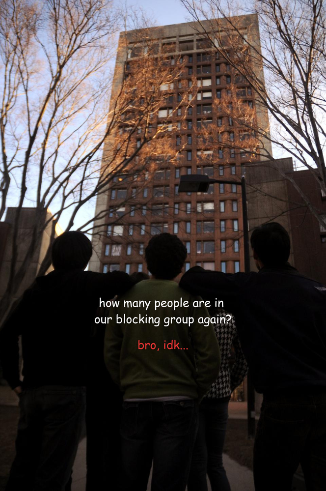 Group marveling at Mather Tower — why? not sure — while contemplating their blocking group size.