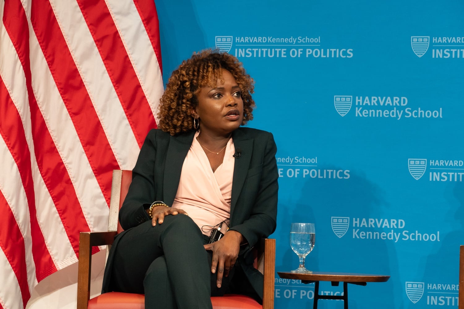 Karine Jeane-Pierre speaks at the Institute of Politics about media's role in democracy on Wednesday. Jeane-Pierre was former President Joe Biden's press secretary.
