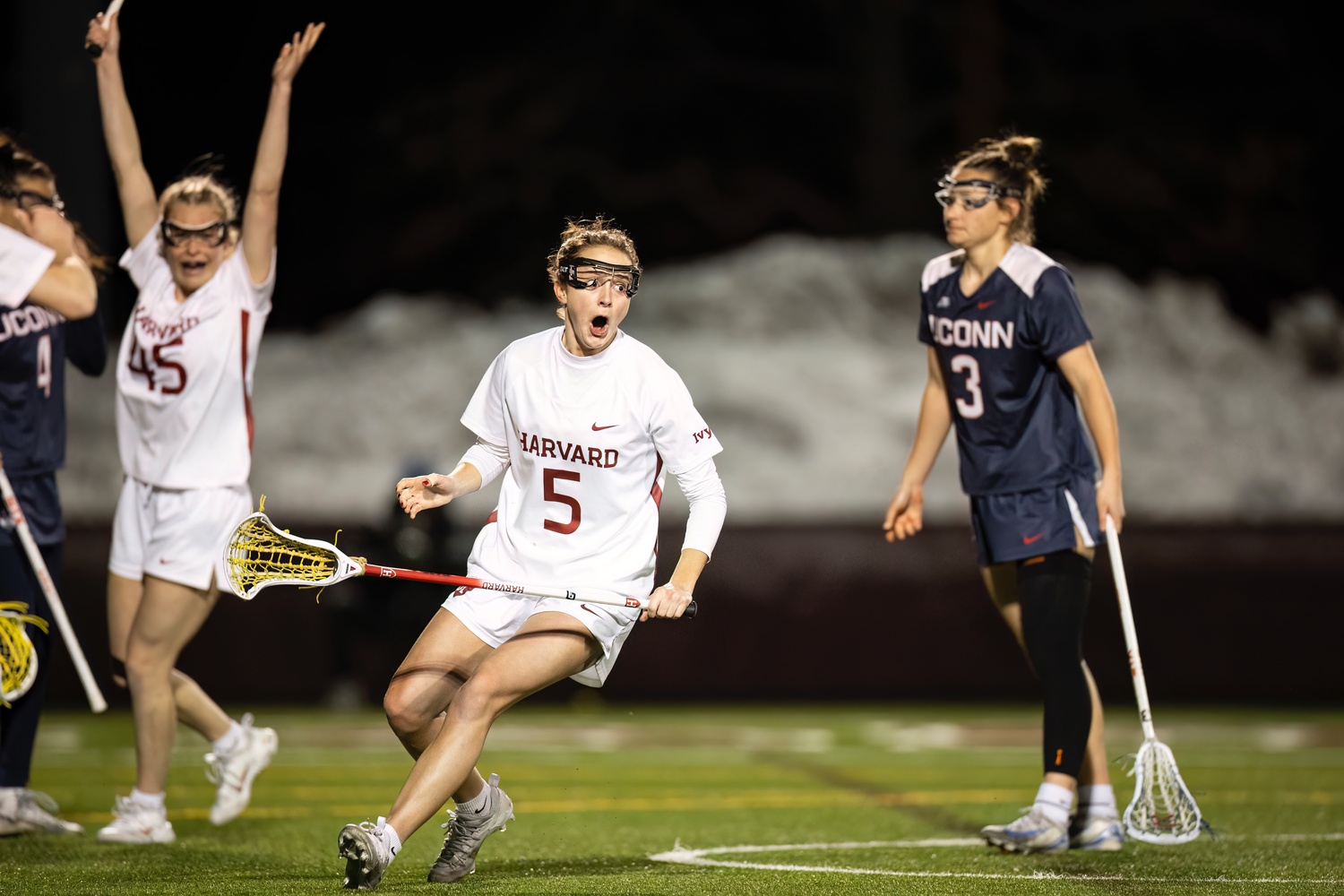 The women's lacrosse team took down UConn via Stella Shea's overtime clincher in front of a packed crowd at Jordan Field.