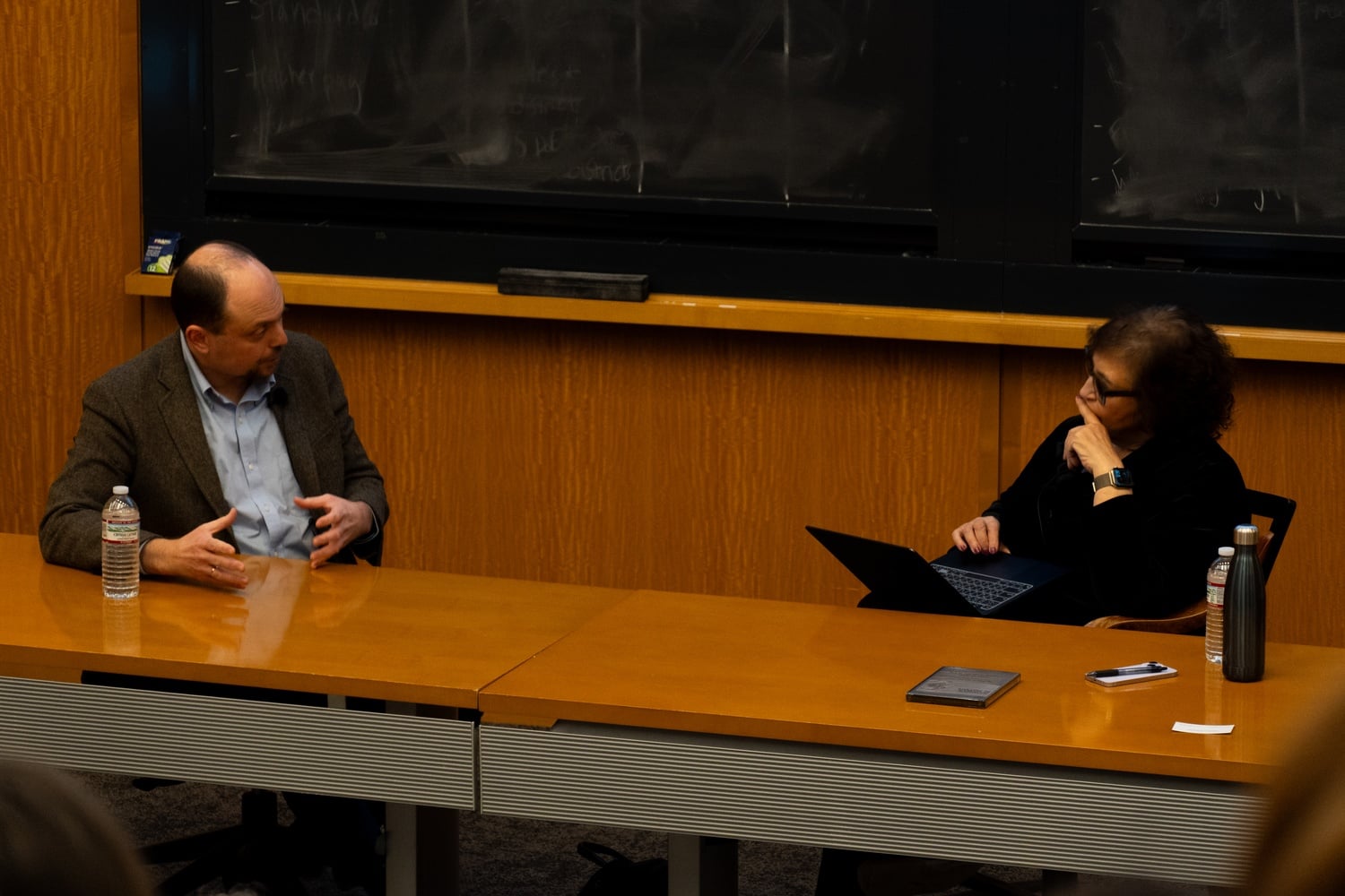 Russian dissident Vladimir V. Kara-Murza speaks with Yevgenia Albats at the Tsai Auditorium in the CGIS South building. Kara-Murza says he has lost confidence in the U.S.