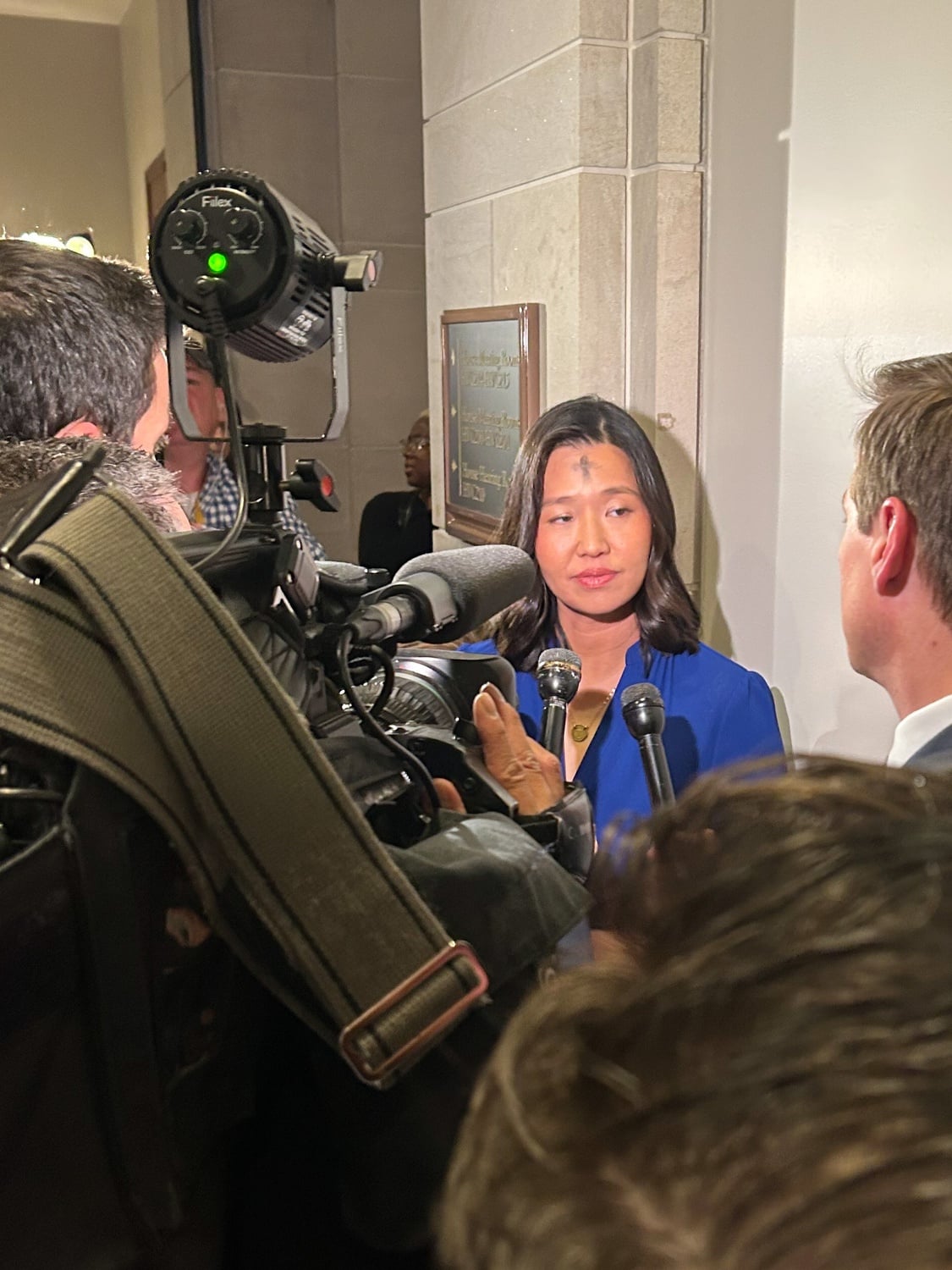 Boston mayor Michelle Wu ’07 takes questions from reporters on Wednesday after testifying before the House Committee on Oversight and Government Reform.