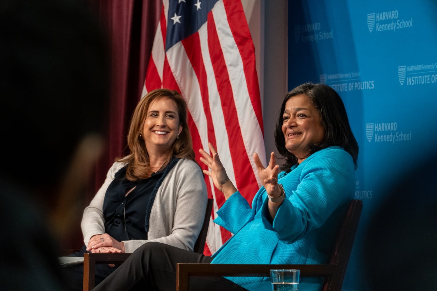 U.S. Rep. Pramila Jayapal (D-Wash.) speaks at an Institute of Politics forum moderated by former IOP fellow Betsy Fischer Martin.