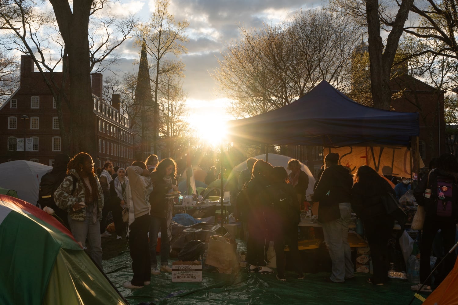 The sun sets over the pro-Palestine Harvard Yard encampment in May.