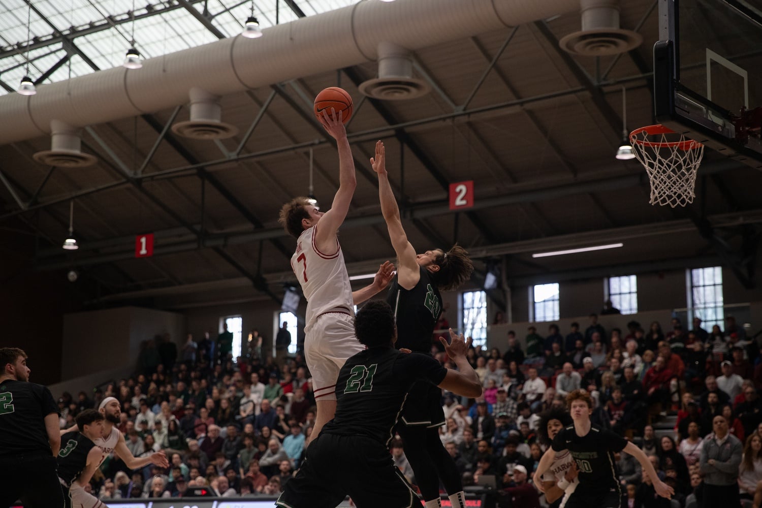 Freshman Austin Hunt drives to the basket in Harvard's last game of the season against Dartmouth.