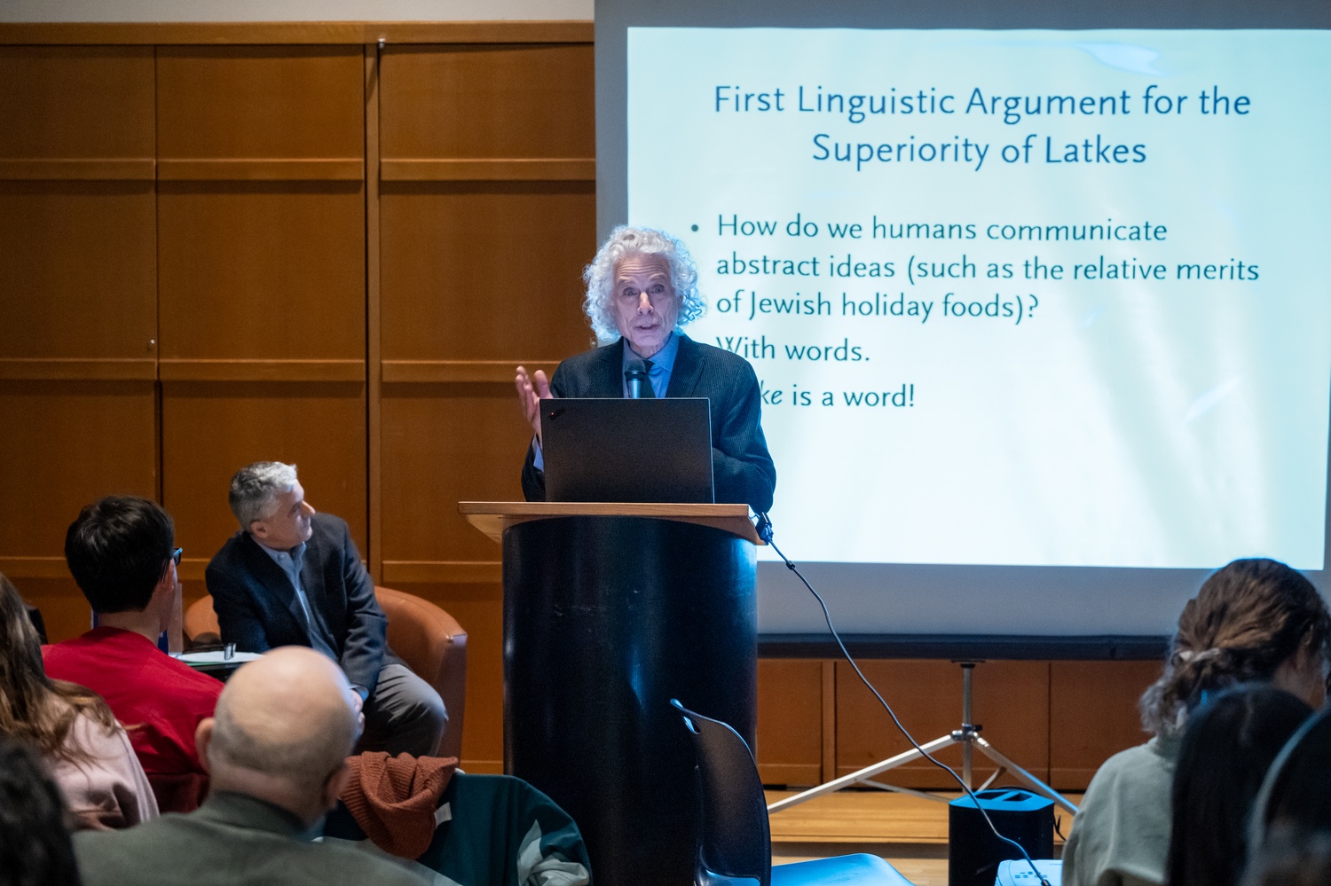 Harvard Psychology professor Steven A. Pinker makes the case that latkes, unlike hamantaschen, are easy to refer to in English at Saturday’s Hillel debate.