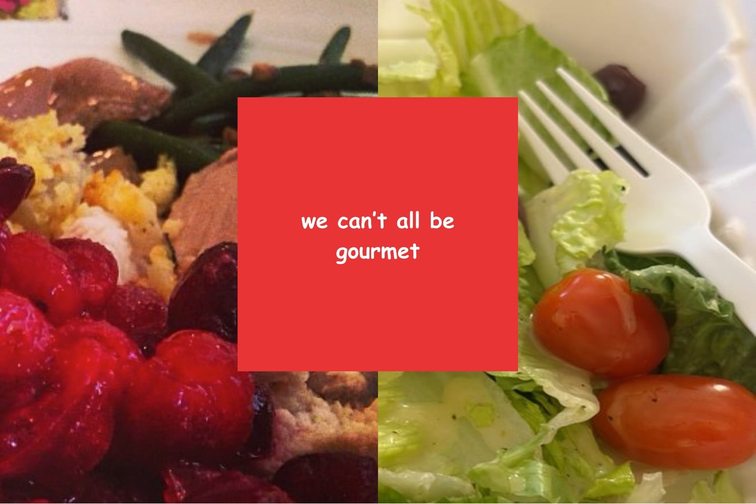 A luscious Thanksgiving meal and a sad salad. Not equal.