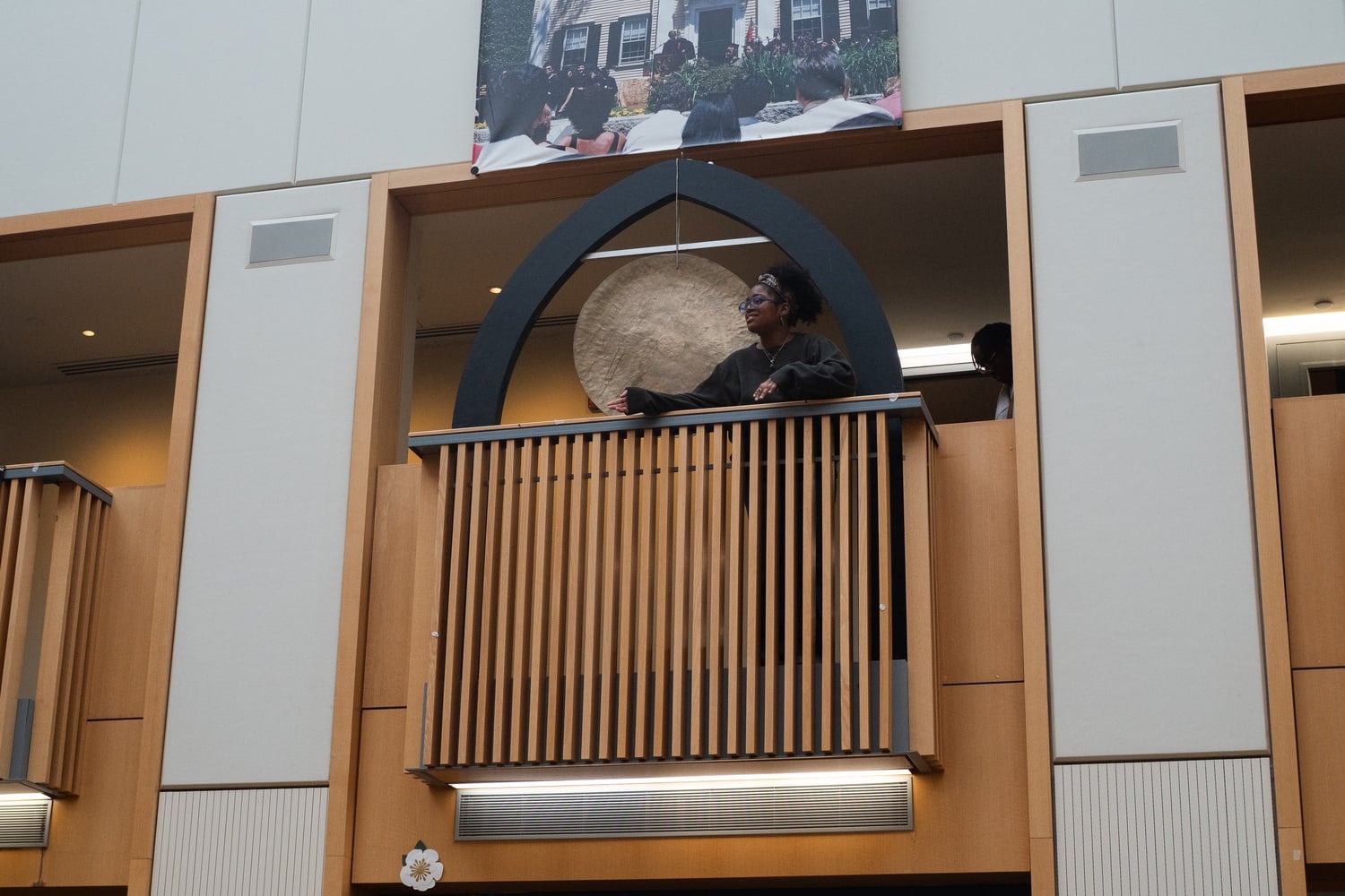 The Inn at Harvard currently serves as overflow housing for students in Adams House. Sa'maia J. Evans '27 speaks at the Inn's dining hall on campus policies.